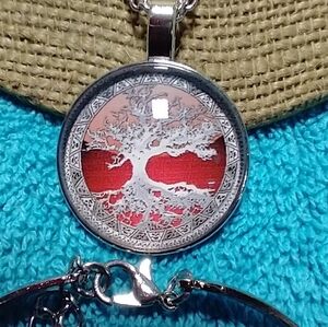 Silvertone white red tree of life necklace bracelet earrings set